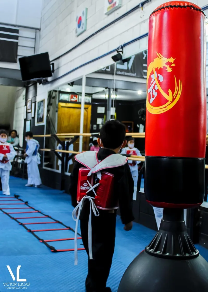 Joven practicando Taekwondo junto al costal de golpeo en el dojang de Kyeongju.