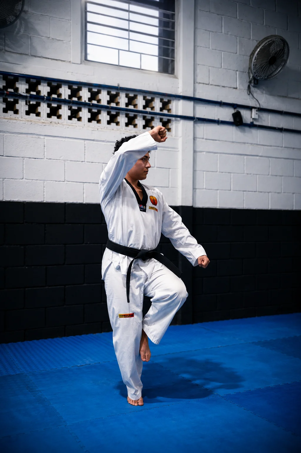 Practicante juvenil cinta negra ejecutando una postura de Taekwondo con dobok blanco sobre el tatami azul del dojang.